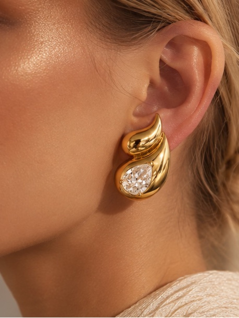 Sculptural Gold Teardrop Crystal Earrings Luxe Modernist Statement Jewelry